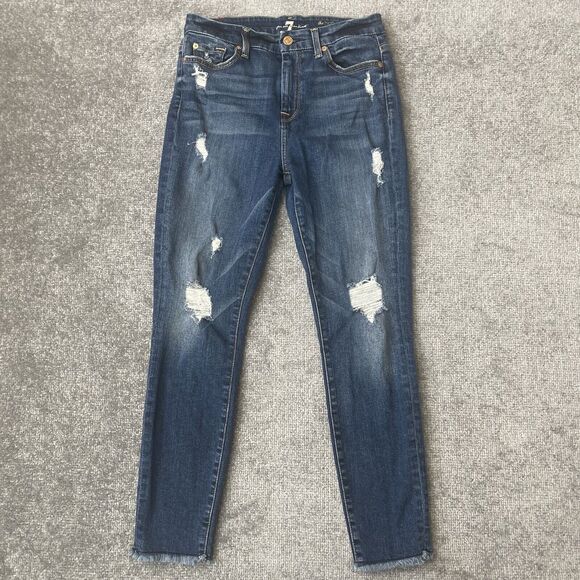7 For All Mankind Denim - 7 For All Mankind Jeans Womens 27 Skinny Ankle Distressed Stretch Raw Hem Blue